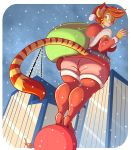  2014 anthro ass belt big_ass boots breasts cat christmas city clothed clothing feline female green_eyes hair high_heels holidays jaeh legwear looking_at_viewer loree low-angle_shot mammal one_eye_closed orange_hair outside sack santa_claus short_hair skyscraper smile snow solo standing stockings stripes thick_thighs wide_hips 