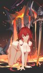 1girl all_fours arknights big_breasts breasts censored clavicle cleavage completely_nude da_(datako) demon_horns hair_intakes high_resolution horns id_card long_hair mosaic_censoring nipples nude popsicle_stick purple_eyes red_hair surtr_(arknights) thigh_strap very_long_hair