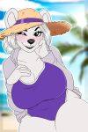  1girl beach big_breasts blush furry hoodie hyperiontrash mature_female polar_bear straw_hat swimsuit thick_thighs 