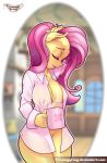  alpha_channel big_breasts bottomless breasts closed_eyes clothed clothing coffee coffee_mug creamygravy cup cutie_mark equine female fluttershy friendship_is_magic fur hair half-dressed hi_res hooves horse inside long_hair mammal mrwes326 my_little_pony open_shirt outline pink_hair pony shirt solo standing yellow_fur 