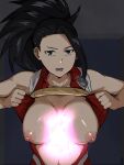  1girl 1girl areola big_breasts black_eyes black_hair breasts cafekun glowing high_ponytail high_resolution long_hair looking_at_viewer momo_yaoyorozu my_hero_academia navel nipples open_clothes open_mouth puffy_areolae 