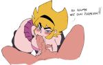 1boy 1girl balls blonde_hair blue_eyes blush cartoon_network darkeros dialogue fellatio looking_at_viewer mandy_(billy_&amp;_mandy) no_nose penis pov simple_background the_grim_adventures_of_billy_and_mandy