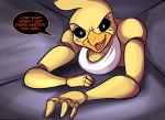  2014 animatronic avian bird breasts chicken cleavage clothed clothing english_text female five_nights_at_freddy&#039;s five_nights_at_freddy&#039;s_2 jaeh machine mechanical robot smile solo text toy_chica 
