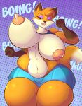  2015 anthro areola big_breasts breasts canine clothing erect_nipples female fox huge_breasts jaeh lactating mammal nipples one_eye_closed smile solo tight_clothing wink 