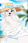  1girl beach big_breasts blush furry hyperiontrash mature_female panties polar_bear straw_hat sundress thick_thighs 