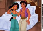 aladdin aladdin_(series) alluring bed bedroom disney erection_under_clothes husband husband_and_wife pillow princess_jasmine titflaviy wife