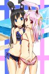 2_girls 2girls :d :p animal_ears art bikini black_hair blue_eyes breasts bunny_ears choker cleavage female hair_ornament hugging long_hair looking_at_viewer looking_back multiple_girls naughty_face navel open_mouth original pink_hair red_eyes seraphwia smile swimsuit tongue tongue_out yuri