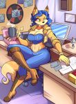  2014 anthro bentley big_breasts boots breasts canine carmelita_fox clank cleavage clothed clothing coffee dart doughnut female food fox jaeh male mammal murray ratchet_and_clank sly_cooper sly_cooper_(series) solo video_games 
