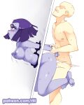  arms_behind_back blush dc_comics faceless_male forehead_mark from_behind intangibility leg_lock nude_female nude_male purple_eyes purple_hair purple_skin raven_(dc) rtil short_hair small_breasts teen_titans 