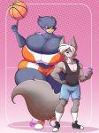  2015 anthro avian ball basket_ball big_breasts bird breasts busty_bird canine cleavage clothed clothing duo eye_contact female fox huge_breasts jaeh male mammal one_eye_closed smile wink 