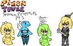 4girls black_eyes blue_skin cheeseslime fish_girl fishnet_legwear forknight green_body knight meme_attire pixel34guy pizza_tower snotty thick_legs winged_anchovy wings worried_expression yellow_body