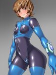  1girl areola ass bangs black_bodysuit blue_elbow_gloves blue_gloves blue_legwear blush breasts brown_eyes brown_hair cameltoe canon curvy cute duel_disk elbow_gloves erect_clitoris erect_nipples_under_clothes erect_penis erection erection_under_clothes female_focus female_human female_only full_body gloves grey_background hajime_shindo latex latex_bodysuit latex_boots latex_clothing latex_gloves latex_legwear latex_stockings latex_thighhighs long_gloves nipples official_art pose sexy sexy_ass sexy_body sexy_breasts sexy_pose short_hair small_breasts solo_female solo_focus stockings thick_ass thick_thighs thighs thong twin_tails yu-gi-oh! yu-gi-oh!_vrains yuu-gi-ou zaizen_aoi 