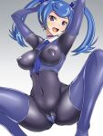  1girl 1girl 1girl areola areola arms_behind_back arms_behind_head arms_up bangs big_breasts black_bodysuit black_suit blue_angel blue_elbow_gloves blue_eyes blue_gloves blue_hair blue_legwear blue_panties bodysuit breasts cameltoe curvy elbow_gloves erect_nipple erect_nipples erect_nipples_under_clothes erection erection_under_clothes female_human female_only gloves hajime_shindo happy high_res latex latex_bodysuit latex_boots latex_clothing latex_gloves latex_legwear latex_stockings latex_suit latex_thighhighs long_gloves long_hair looking_at_viewer markings nipples open_mouth shiny shiny_skin solo_female solo_focus spiky_hair spread_legs spreading squatting tattoo teeth thong tongue twin_tails white_background yu-gi-oh! yu-gi-oh!_vrains zaizen_aoi 