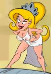  1_girl 1girl bending_over black_eyes blonde blonde_hair blonde_pubic_hair bracelet breasts cartoon_network dantuasmear erect_nipples eris_(billy_&amp;_mandy) female female_only goddess grin lipstick long_blonde_hair long_hair looking_down nipples_visible_through_clothing pubic_hair pussy see-through see-through_clothes signature simple_background solo solo_female standing the_grim_adventures_of_billy_and_mandy tiara tooth_gap transparent_clothing wide_hips 