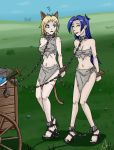 2_girls arms_behind_back blonde_hair blue_hair bondage cat_girl chains collar female_only heavencommissions loincloth multiple_girls shackles slave slave_collar stocks
