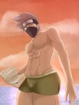  1boy boxers erect_penis erection_under_clothes holding_object kakashi_hatake looking_at_viewer male male_nipples male_only muscular_male solo_male unknown_artist 