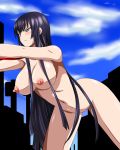  blue_hair blush breasts busujima_saeko collar covering highschool_of_the_dead large_breasts long_hair nipples nude nude_cover spec_(artist) 