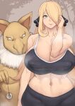  1boy 1girl bare_shoulders big_breasts blush closed_mouth cynthia_(pokemon) game_freak hair_covering_one_eye hair_ornament huge_breasts human hypno looking_at_viewer metal_owl navel nintendo outdoor outside pokemon_(anime) pokemon_(game) pokemon_dppt sports_bra standing 