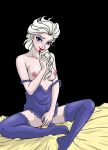  1_girl 1girl blue_eyes braid breasts disney elsa elsa_(frozen) female female_only frozen_(movie) lingerie lipstick looking_at_viewer makeup nightgown nipples red_lipstick royalty single_braid sitting solo stockings white_hair 