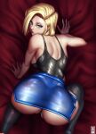  1girl all_fours android_18 ass black_panties blonde_hair blue_eyes dragon_ball_z fully_clothed looking_back short_hair solo_female thighhighs 