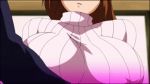  1boy 1girl animated animated_gif big_breasts bouncing_breasts breasts brown_hair gif hhh_triple_ecchi huge_breasts inverted_nipples jiggle konami_(hhh_triple_ecchi) long_hair lowres nipples open_mouth shirt_lift sweater turtleneck undressing 