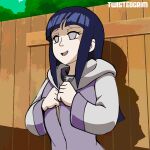  1:1_aspect_ratio 1girl 1girl 1girl abstract_background big_breasts blue_hair breasts cleavage clothing female_focus fence flashing gif gif hinata_hyuuga huge_breasts jacket large_filesize naruto naruto_(series) naruto_shippuden navel nipples no_bra open_clothes open_jacket twistedgrim white_eyes 