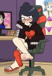  black_hair blush bulma_brief chair chichi foot_fetish glasses manga mr._chase_comix red_eyes slippers sole sweater toes 