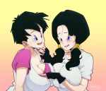  1girl 2_girls alternate_version_available cleavage clothing curvy dragon_ball dragon_ball_z erect_nipples gigantic_breasts huge_areolae liesday puffy_nipples selfcest short_hair shounen_jump thick_lips twin_tails videl voluptuous yuri 