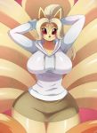  2015 anthro anthrofied big_breasts blush breasts canine cute female fox hoodie looking_at_viewer mammal multiple_tails ninetales nintendo pokemon pokemorph ponytail red_eyes skirt smile solo sssonic2 thick_thighs video_games wide_hips 