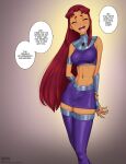 1girl 1girl 1girl closed_eyes clothed clothing dialogue english_text fellatrix female_only hands_behind_back high_res long_hair purple_clothing red_hair simple_background skirt smile starfire stockings teen_titans text thong whale_tail 