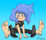  barefoot blue_hair foot_fetish mr._chase_comix oc original_character shoes shoes_removed smirk soles solo_female 