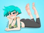  barefoot blue_eyes blue_hair blush cleavage foot_fetish lying_on_stomach mr._chase_comix oc original_character smile soles 