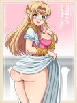  1girl a_link_between_worlds ass background big_ass blonde_hair blue_eyes blush bottomless dat_ass dress dress_lift embarrassed female female_only fully_clothed high_resolution light-skinned_female light_skin long_hair nintendo no_panties no_underwear princess_zelda sano-br sideboob small_breasts solo_female the_legend_of_zelda thick_ass thick_thighs thighs tiara zelda_(a_link_between_worlds) 