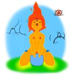  adventure_time big_breasts blue_skin clothes_removed finn_the_human fire_hair flame_hair flame_princess floating_hair grabbing_head hotpants jewel_on_forehead mortdres nipple_slip nipples open_mouth oral oral_sex orange_hair orange_nipples pleasure_face pussylicking yellow_skin 