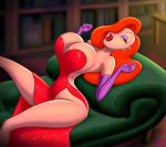  big_breasts breasts cleavage couch disney gloves jessica_rabbit legs purple_gloves strapless strapless_dress tagme who_framed_roger_rabbit 