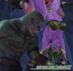  1girl bdsm bikini bondage bound bra breasts elf green_eyes green_hair horns jewelry judash137 legs long_hair looking_at_viewer medium_breasts muscle navel open_mouth outstretched_arms pointy_ears purple_skin restrained spread_legs sweat swimsuit thighs thong toned underwear warcraft wet world_of_warcraft ysera 