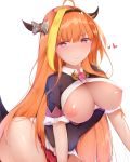  1girl bent_over big_breasts blush breasts embarrassed fangs heart hololive horns kiryuu_coco long_hair looking_at_viewer mituba nipples open_shirt orange_hair red_eyes sweat tail virtual_youtuber 