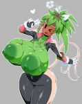 &lt;3 1girl areola areolae areolae_slip blaster_master_zero blush breasts breasts_out_of_clothes female female_only fishnets gloves green_body grey_background heart huge_breasts humanoid kanna_(blaster_master) large_areolae monster_girl nipples open_mouth peace_sign plant plant_girl pose simple_background simple_eyes smile topless torathi v wink