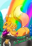  ass black_sclera blue_eyes canine cauldron digimon featureless_crotch female forest fox fur holidays kandlin looking_back mammal namco outdoors presenting rainbow rainbow_pattern renamon solo st._patrick&#039;s_day tail text tongue tongue_out tree yellow_fur 