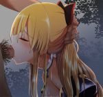  1girl bare_shoulders blonde_hair blush bow choker closed_eyes cum cum_in_mouth deepthroat fellatio forced from_side granblue_fantasy hair hair_bow hand_on_another&#039;s_head irrumatio izumi_arima long_hair oral penis ponytail profile pubic_hair sweat uncensored vira 