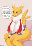  1girl 1girl absurd_res anthro areola big_areola big_breasts bra breasts canid canine clothed clothing destabilizer dialogue digimon digimon_(species) english_text fox furry high_res huge_breasts mammal milf parent partially_clothed renamon sitting steam text thick_thighs underwear 