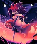 ass beast_tamer_(disgaea) beastmaster_(disgaea) big_breasts big_hair blushing breasts disgaea disgaea_(series) happy huge_ass japanese_text looking_back pointed_ears pole_dance pole_dancer pole_dancing red_hair stripper thong underboob yellow_eyes