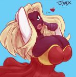  anthro big_breasts big_lips blonde_hair blue_eyes breasts carmessi collaboration drbigt female furry hair heart huge_breasts jynx long_hair looking_at_viewer nintendo one_eye_closed plain_background pokemon solo video_games wink 
