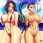 2_girls arms_up ass bangs beach big_ass big_breasts black_hair breast_size_difference breasts brown_eyes brown_hair capcom cleavage fire_emblem fire_emblem_fates hair_over_one_eye hand_on_breast high_ponytail huge_breasts ibuki_(street_fighter) jadenkaiba kagero_(fire_emblem) long_hair looking_at_viewer navel nintendo nipple_bulge parted_lips ponytail sling_bikini smile street_fighter swimsuit teeth thick_thighs thighs wide_hips