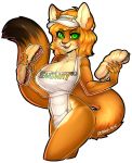  2015 alpha_channel anthro apron big_breasts breasts brown_fur clothed clothing cougar feline food fur furry glowing glowing_eyes green_eyes hat headgear heart looking_at_viewer mammal open_mouth plain_background sandwich_(food) signature subway teeth tongue transparent_background white_fur xenthyl_(artist) 