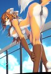  2015 amber_eyes anthro ass big_ass big_breasts black_nose breasts brown_fur canine clothed clothing cloud ear_piercing female fox fur furry hi_res hindpaw looking_back macmegagerc mammal open_mouth orange_fur outside panties paws piercing shirt skimpy sky solo torn_clothing underboob underwear white_fur 