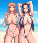  2_girls beach bedroom_eyes bemannen black_hair blue_eyes blue_sky brown_eyes long_hair milf nami nami_(one_piece) nico_robin one_piece orange_hair sexy sexy_ass sexy_body sexy_breasts smile sunglasses swimsuit take_your_pick water 