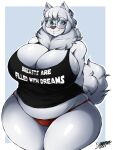  1girl 1girl 2021 absurd_res anthro belly big_breasts black_nose blue_eyes breasts canid canine canis cleavage clothed clothing cumu curvy_figure domestic_dog english_text eyewear fur furry glasses hair hands_behind_back high_res huge_breasts legs_together looking_at_viewer mammal midriff neck_tuft nordic_sled_dog samoyed shirt short_hair signature slightly_chubby smile spitz standing superix tank_top text thick_thighs thong topwear tuft underwear voluptuous white_body white_fur white_hair 