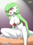  1boy 1girl bbmbbf blush breasts cowgirl_position cum cum_in_pussy cum_inside female female_pokemon gardevoir girl_on_top green_hair hair_over_one_eye hairless_pussy human human/pokemon interspecies male male/female male_human male_human/female_pokemon nintendo palcomix penis_in_pussy pokepornlive red_eyes sex vaginal vaginal_penetration vaginal_sex 