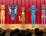  5girls anthro audience barefoot blue_eyes blush butterfree cover_up covering covering_breasts covering_crotch eevee embarrassed embarrassing enf fur furry nude on_stage pikachu pokemon porygon red_eyes stage yellow_eyes zubat 